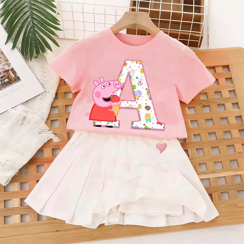 

Peppas Pig Cute T-shirt Pleated Skirt Set Summer Girls Clothes Letter A-Z Tees Skirts Kids Cotton Tops Kilt Short Sleeve Gift