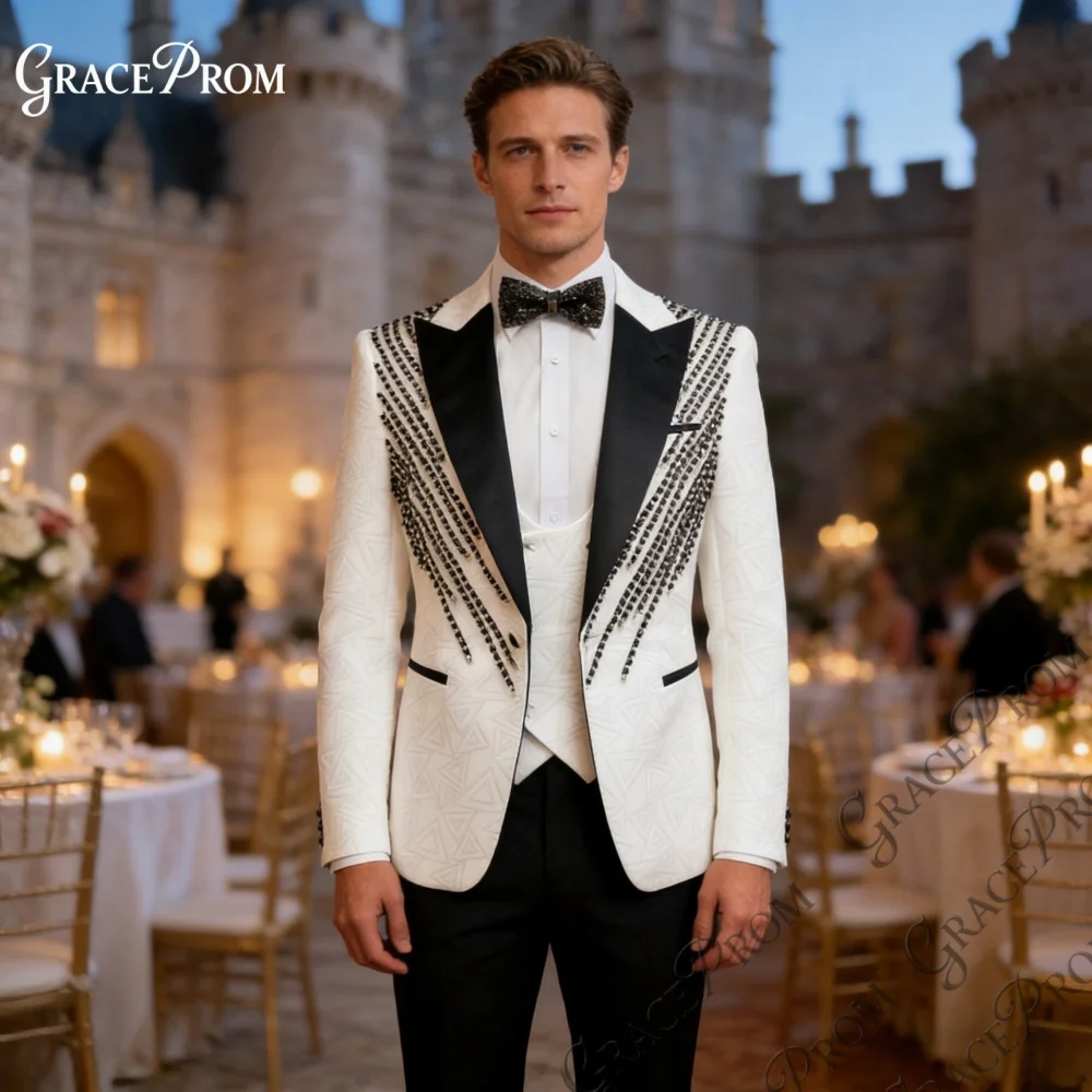 

Высококачественный мужской костюм-тройка Slim Fit 2026 с кристаллами, белый/черный, для жениха, свадьбы, выпускного, деловых мероприятий