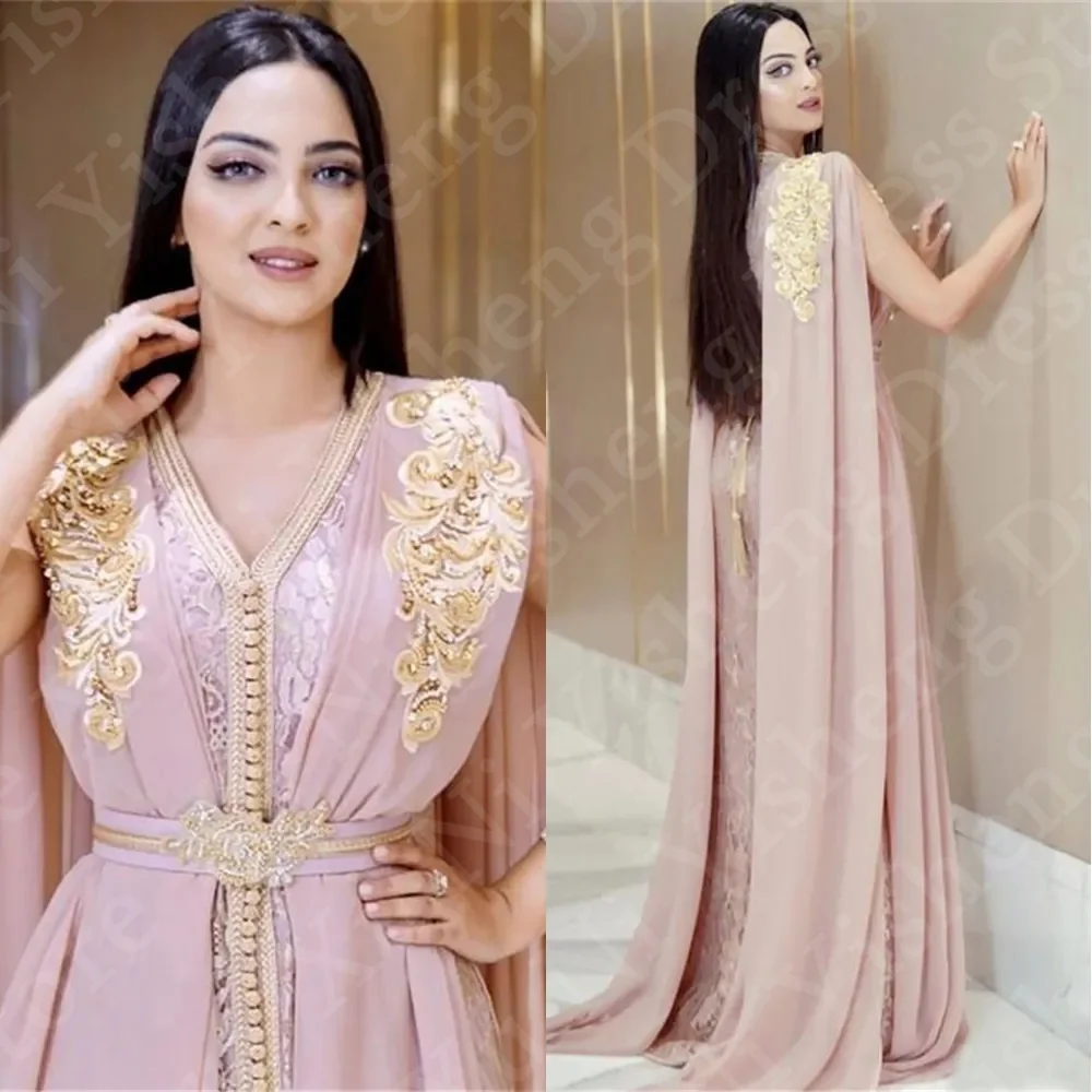 2024 Blush Roze Moslim Lange Luxe Avondjurken Dubai Marokkaanse Kaftan Jurk Chiffon V-Hals A-Line Formele Feestjurk Vestidos