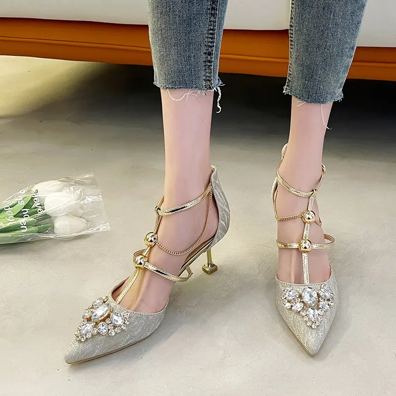 Women's Sandals Summer New Pointy Diamond Chain Bag with Thin Strap Sandals Fashion Temperament Innovative High Heels