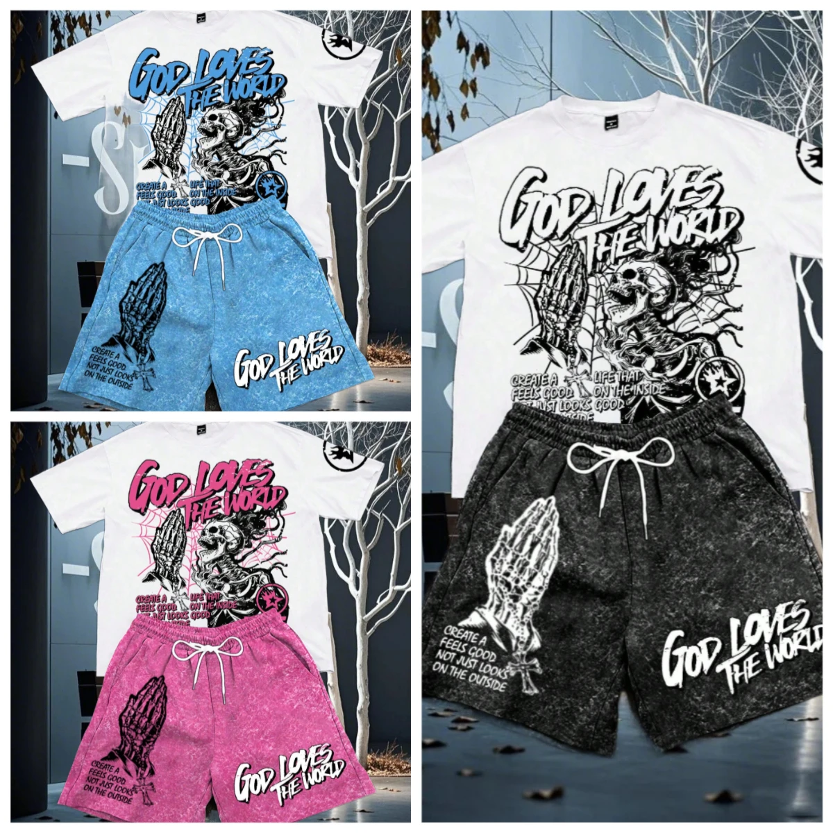 

25/26 New Summer Set Men's T-shirt Trendy American Street Printed Round Neck Men's Set Trendy Handsome Sports Two Piece Set