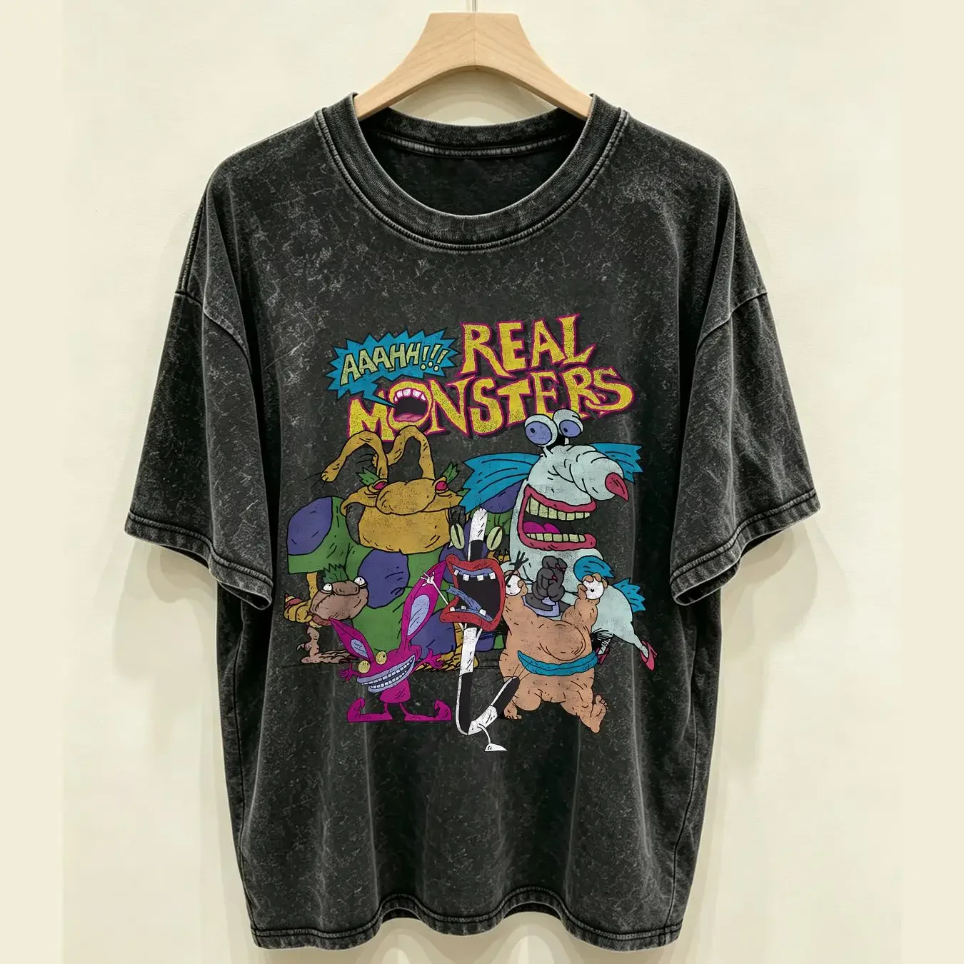 washed T Shirt Aaahh Real Monsters All Characters long or short sleeves vintage Washed Versatile Slightly Casual streetwear