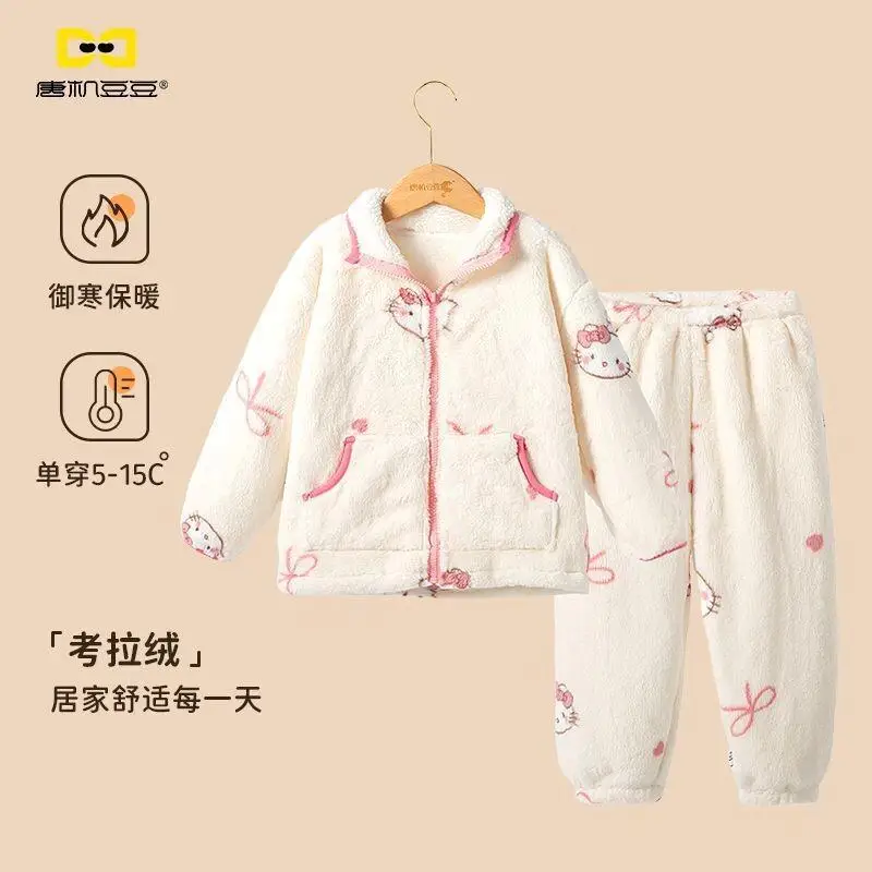 

Sanrio Hello Kitty Girls Autumn Winter Soft Flannel Pajamas Set Toddler Baby Cartoon Lapel Coat with Pants Kids Casual Sleepwear