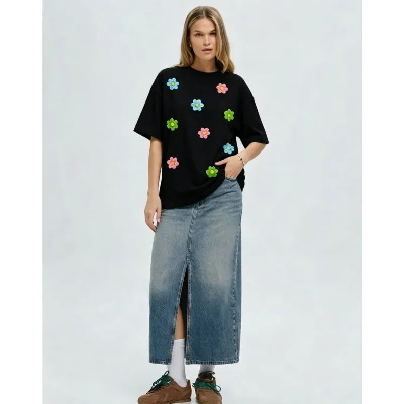 

2026 Cotton Women's T-shirts Print Colorful Flower Unique Women's Clothes Lovely Study Casual Tops