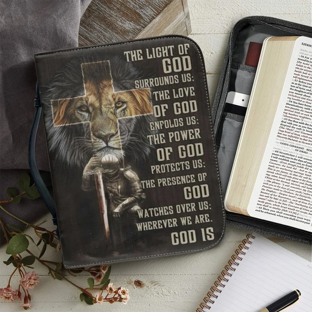 

Classic Lion Bible Verse Sentence Print Bible Cover Case for Women Leather Zippered Handle Handbag Study Book Holy Storage Boxes