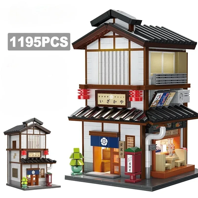 1195-teiliger japanischer Stadtstraßenansicht-Bausatz im Yakitori-Stil: Traditionelles Izakaya-Restaurant-Modell mit LED-Beleuchtung, DIY-Montage-Spielzeug für Erwachsene, ideales Geburtstags- und