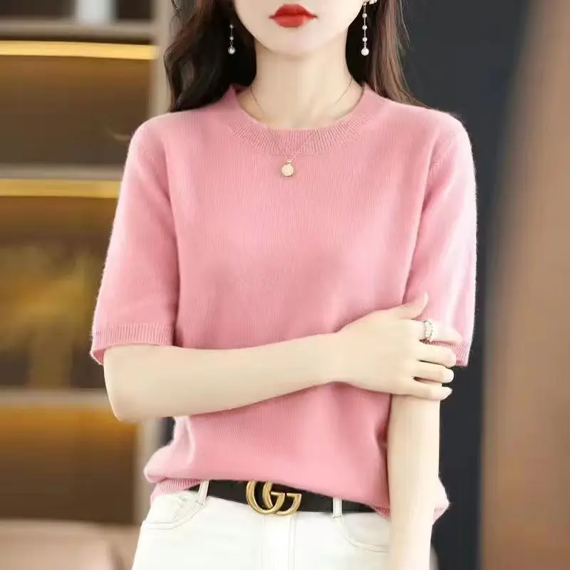 Women\'s Spring and Autumn New Fashion Elegant Solid Color Round Neck Casual Versatile Short Sleeve Loose Sweater Knitted Tops