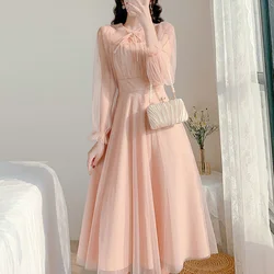 2023 Spring New French Fashion Fairy Gauze Dress Pink Round Neck Bow Drawstring Gentle Style Slim Patchwork Long Sleeved Dresses