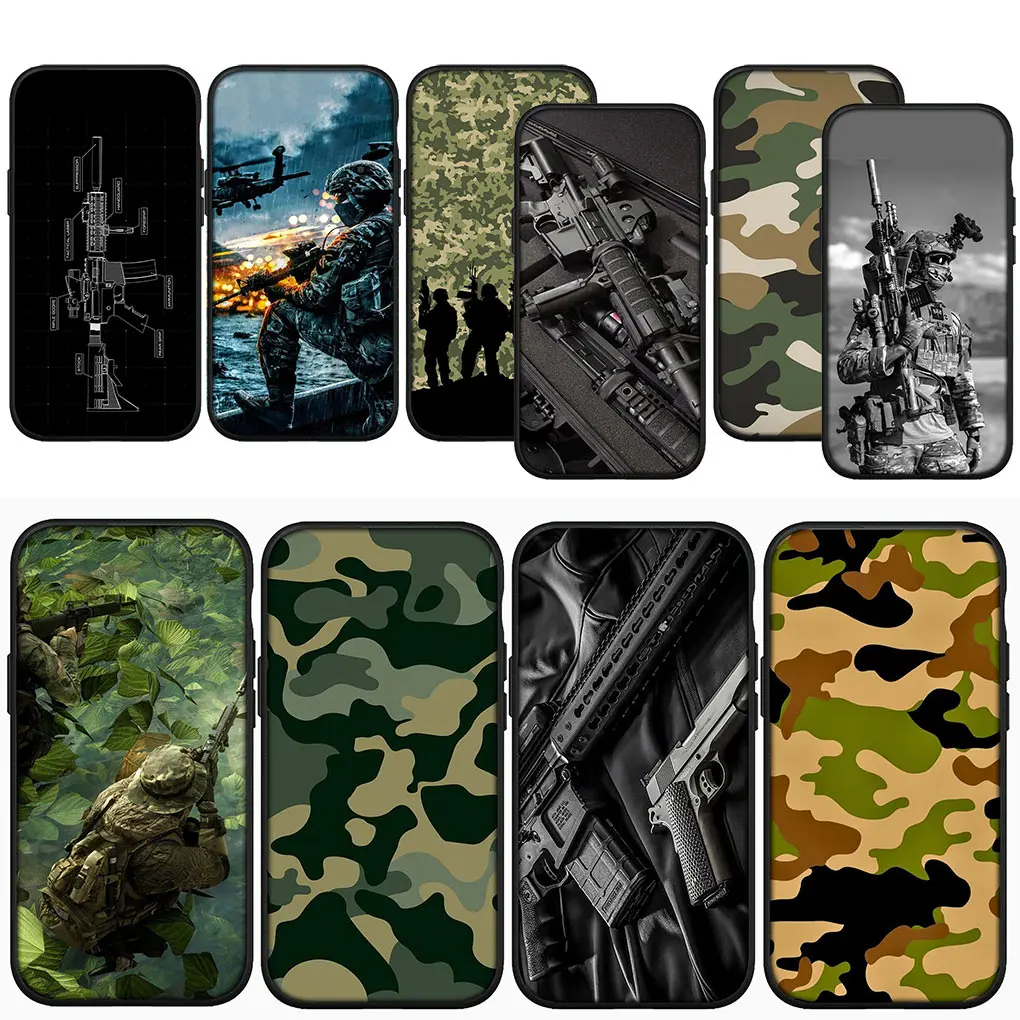 Camouflage Camo Military Cover Phone Case for Apple iPhone 15 14 13 12 Mini 11 Pro X XR XS Max 7 8 Plus + 15+ Soft Casing