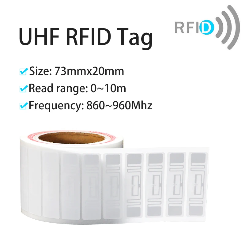 Etiqueta UHF de rango de lectura de 10M, etiqueta autoadhesiva RFID pasiva de 73*20mm, etiquetas RFID UHF para gestión de inventario