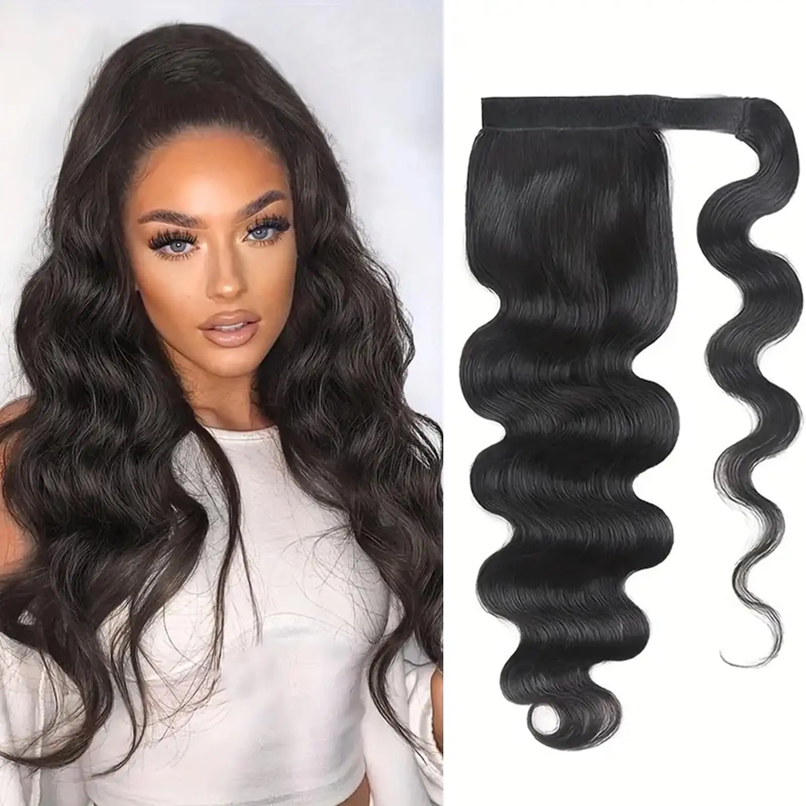 Body Wave Human Hair Ponytail Extension with Magic Paste Warp Around Brazilian Virgin Body Wave Ponytail Remy Ponytails