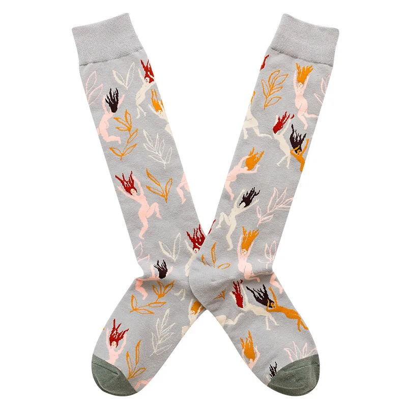 Socks Women's High Tube Calf Knee-length Socks Retro Illustration Art Abstract Street Autumn and Winter Cotton Socks High Sock