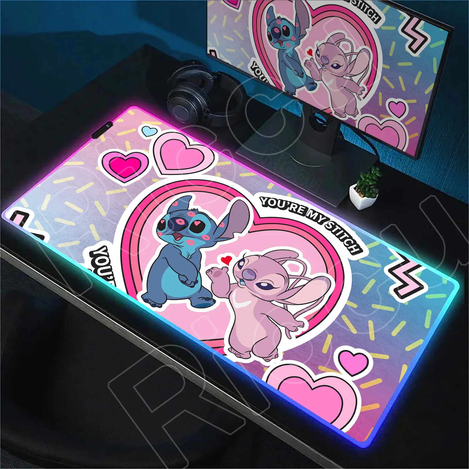 

Stitch And Angel RGB Gamer Lumines Keyboard Mousepad 400x800mm LED Colorful Backlight Mat Laptop Rubber Gaming Non-slip Mausepad