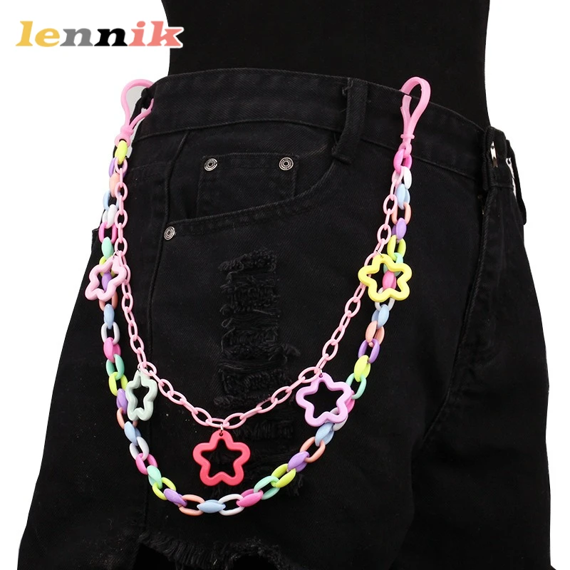 LENNIK New Colorful Acrylic Pentagram Bouncing Di Earth Cool Girl Cute Sweet Macaron Pants Chain Waist Chain Jewelry Accessories