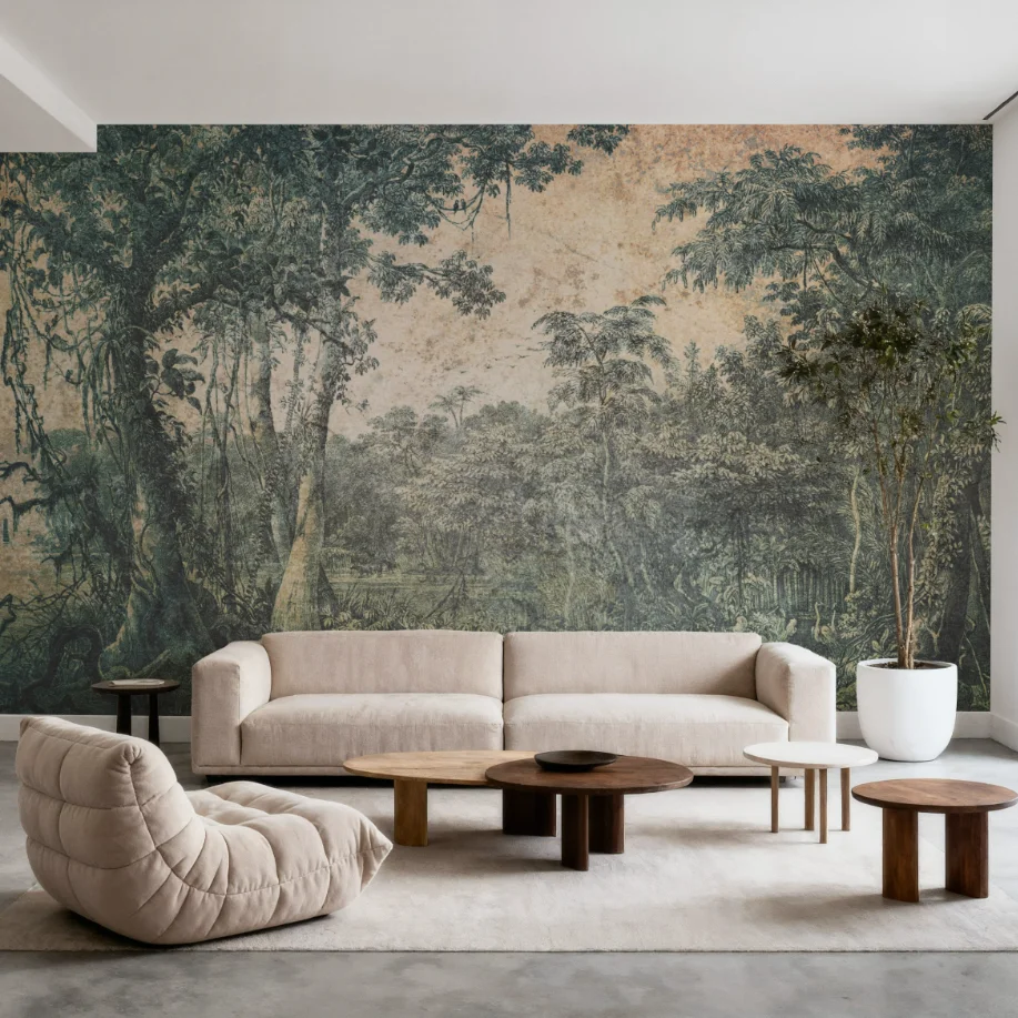 Customized Size Mural Tropical Jungle Vintage Wallpaper with Palm Trees and Thick Broad leaved Plants in Black and White mural
