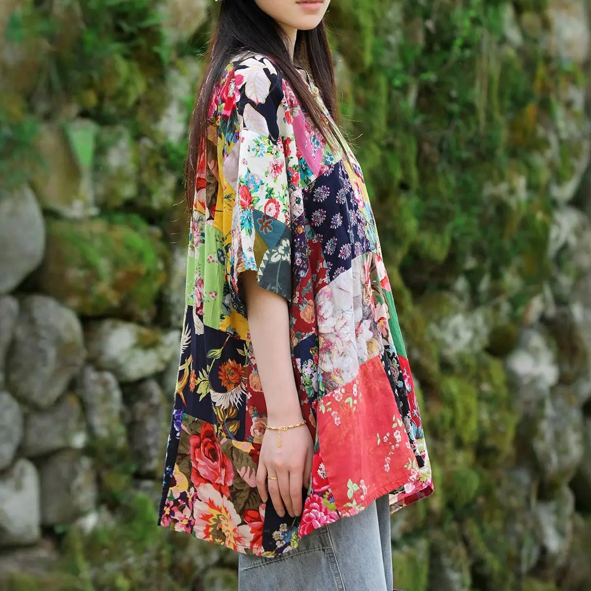 LZJN Top estivo ampio in puro cotone patchwork con camicia unica a maniche corte girocollo in stile etnico stampato di grandi dimensioni