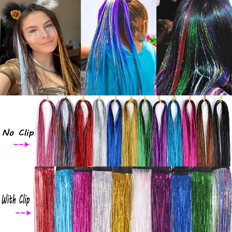 Ekstensi rambut sintetis Tinsel berkilau 10 buah/pak ekstensi rambut pesta sutra Laser warna-warni Glitter rambut Bling sutra berwarna