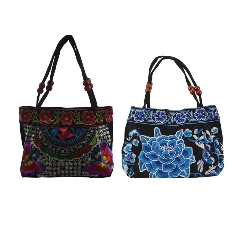 2Pcs Chinese Style Women Handbag Embroidery Ethnic Summer Fashion Handmade Flowers Ladies Tote Shoulder Bags Cross-Body , Purple