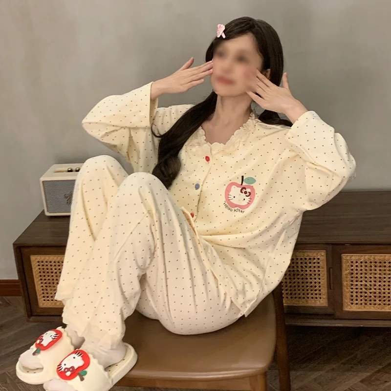 

Sanrio Hello Kitty с нагрудником, пижама Kawaii с рисунком молодой девушки, осенне-зимний комплект с длинными рукавами и длинными штанами, комплект домашней одежды