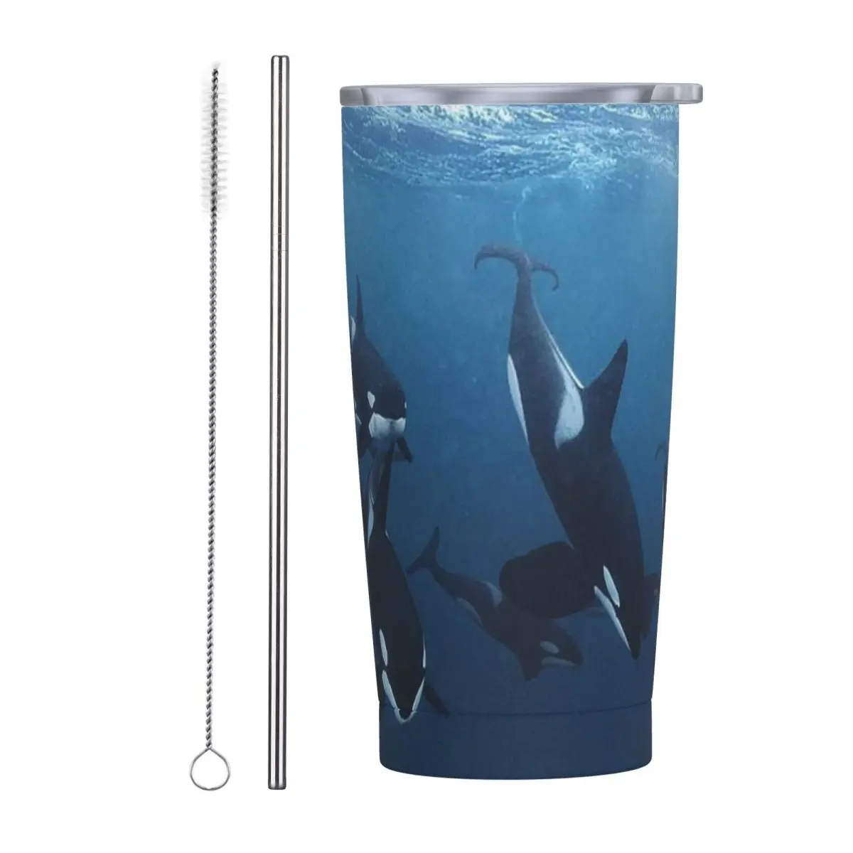 Bule Orca Whale Family Swimming In Sea Stainless Steel Tumbler Vacuum Insulated Mug Thermal Cold Cups Straw With Lid 20oz