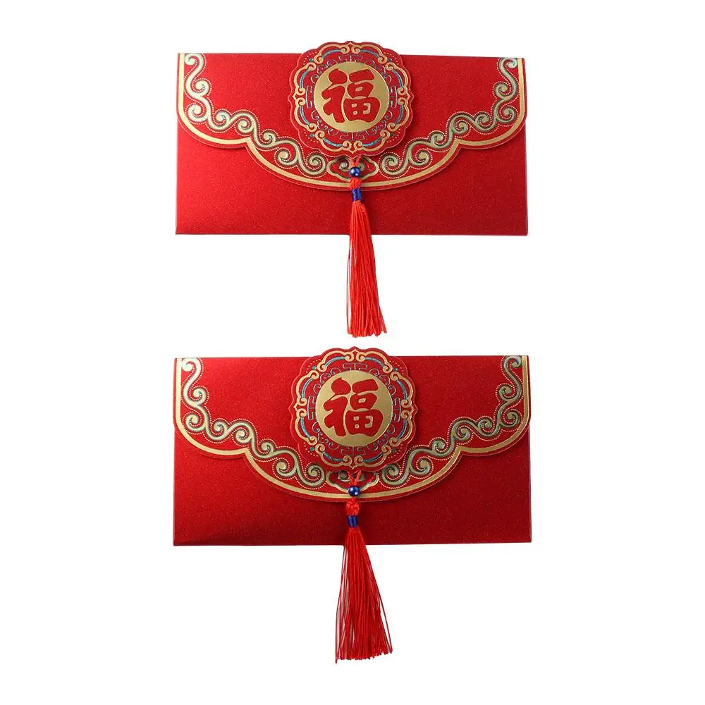 

2 шт., новогодний красный конверт в китайском стиле, красный винтажный карман для денег с кисточками, большой размер, конверты для денег удачи