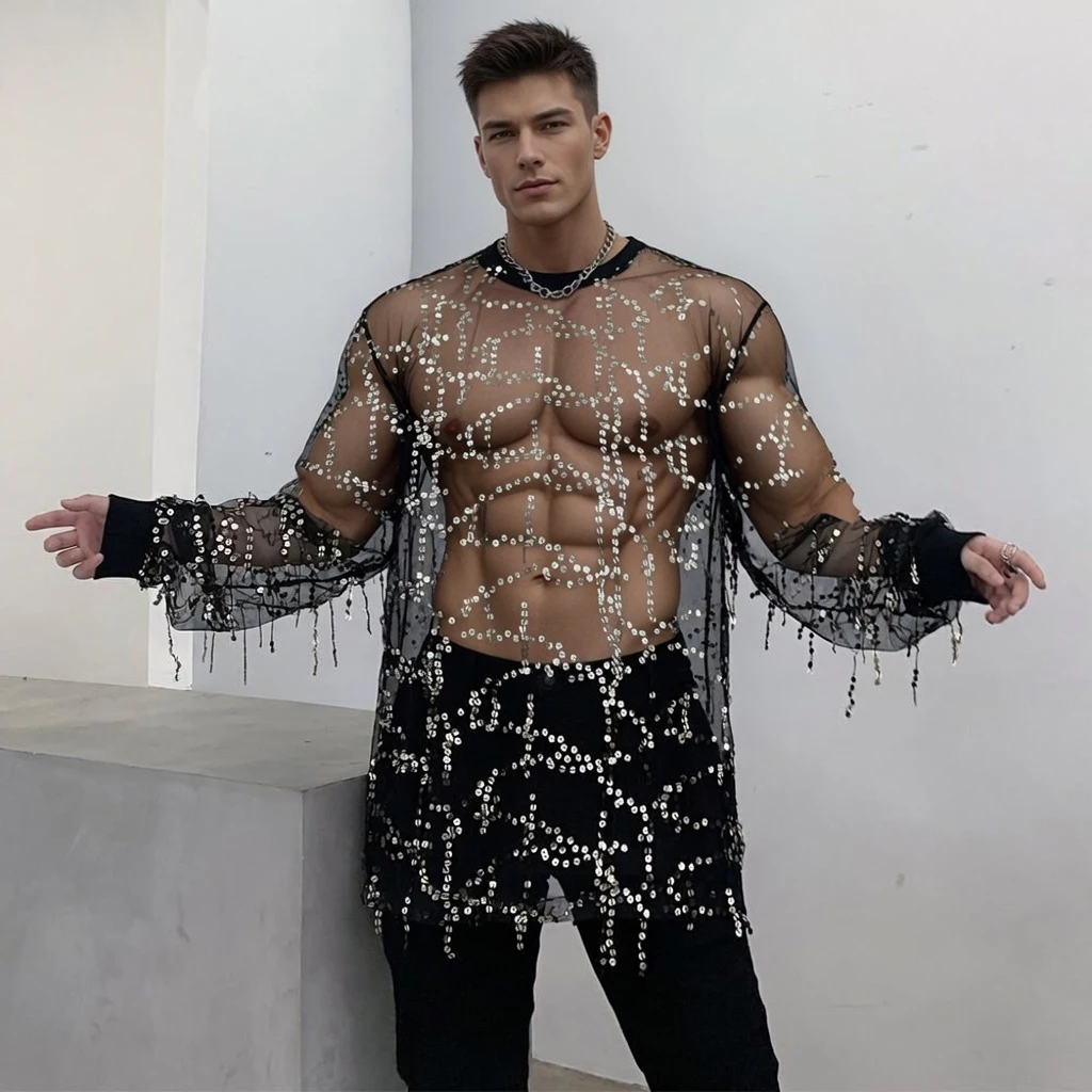 

Сексуальная прозрачная мужская футболка с вырезами, роскошная кружевная футболка с длинными рукавами и пайетками для мужчин, для ночного клуба, для танцоров, женские топы