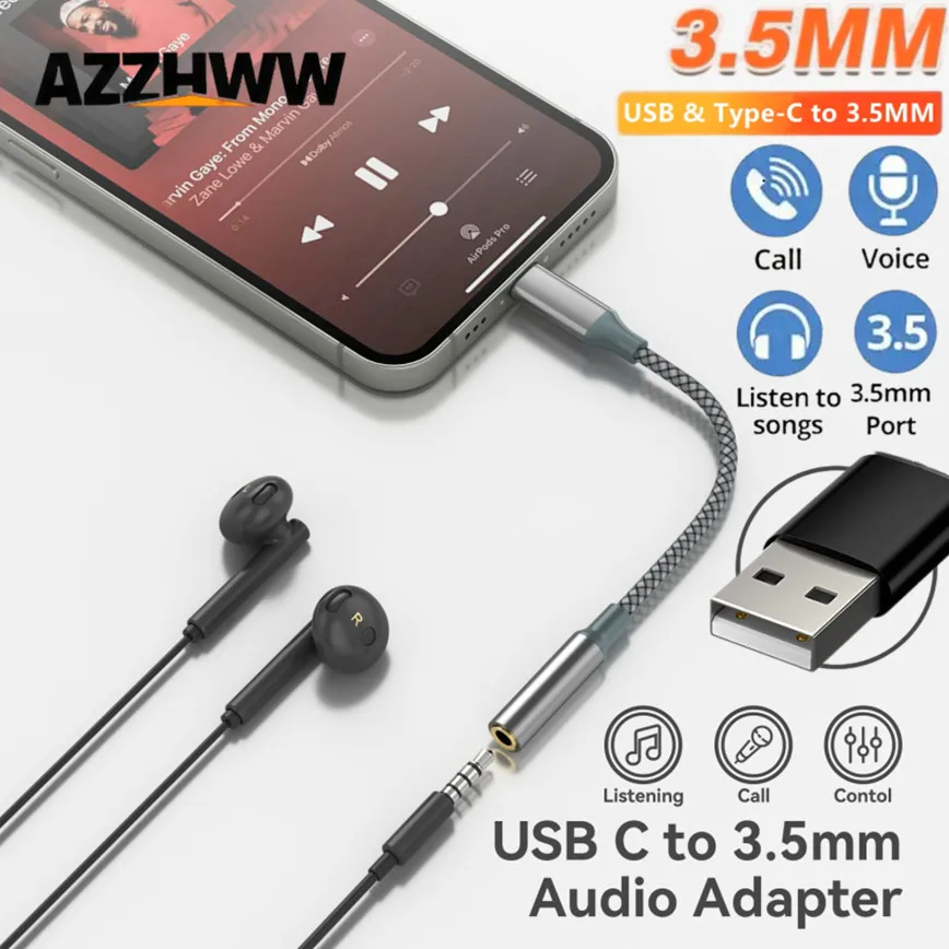 Type-C & USB to Aux Audio Cable Type C & USB to 3.5mm Female Headphone Jack Adapter for Laptop iPad MacBook Headphones Speakers