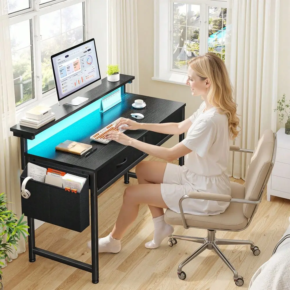 

39.4 D Computer Desk With LED Strip Lights Ergonomic Monitor Stand 2 Fabric Drawers Side Pocket Home Office Desk For Studying,W