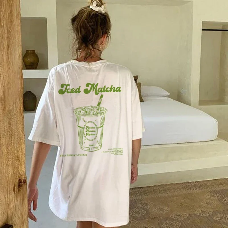 Retro Aesthetic Iced Matcha T-Shirts Cute Matcha Lover T Shirt Women Summer Oversized Streetwear Graphic Tees Unisex Clothing