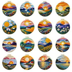 GATYZTORY Felted Wool Needle Felting Kit 20cm/7.87in Round Hoop Colorful Wool for DIY Landscape Art Perfect for Beginners