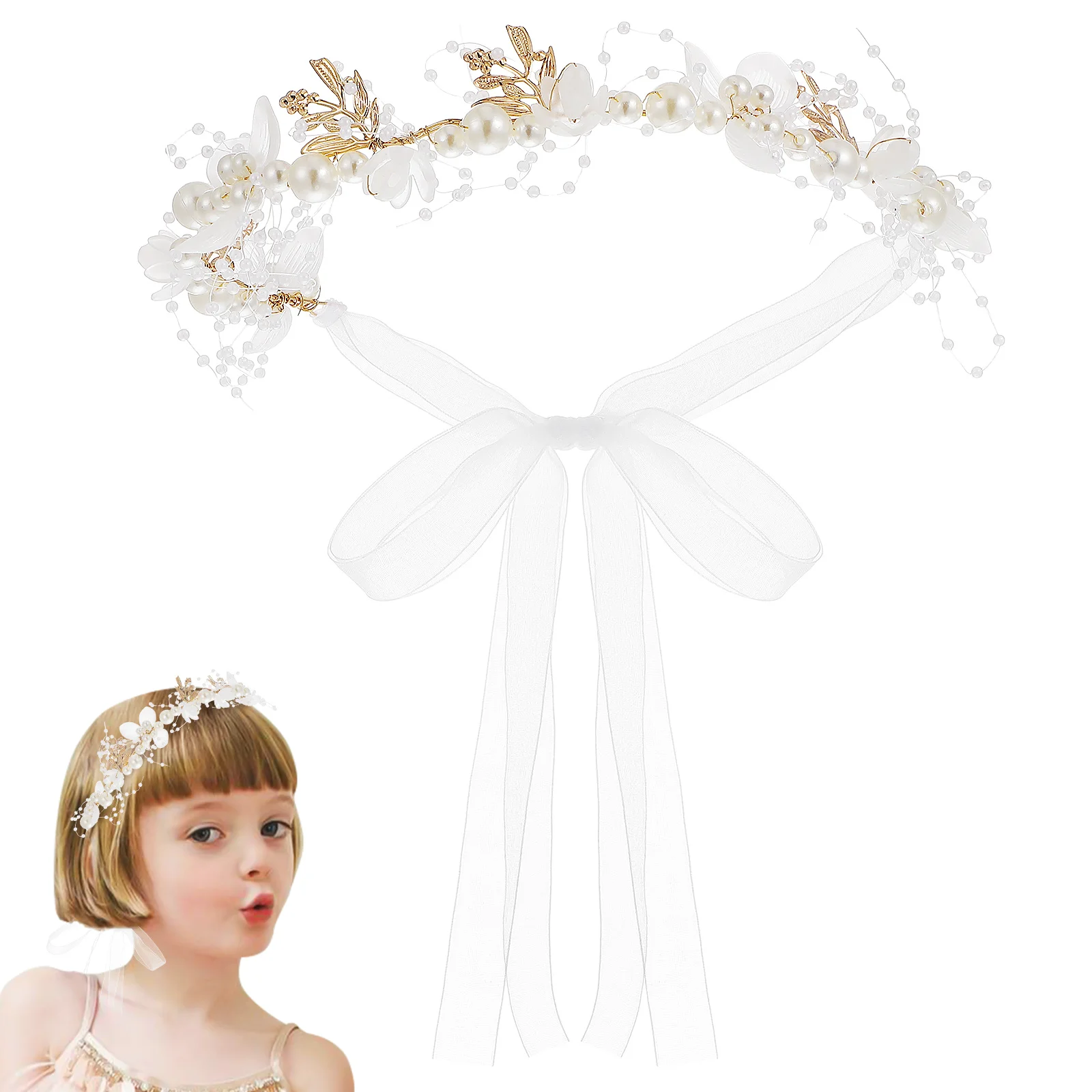 

Flower Girl Headband Chain Ribbon Hair Bands Floral Hairband Crown Fairy Wedding Accessories Jewelry Pearl Headbands for Girls