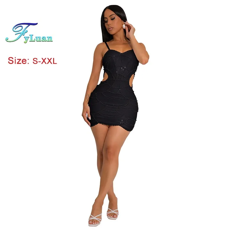 Vestido corto Sexy de Color liso para mujer, vestido con tirantes, cintura recortada, decoración de lentejuelas, Mini vestido de mujer a la moda para fiesta de cumpleaños