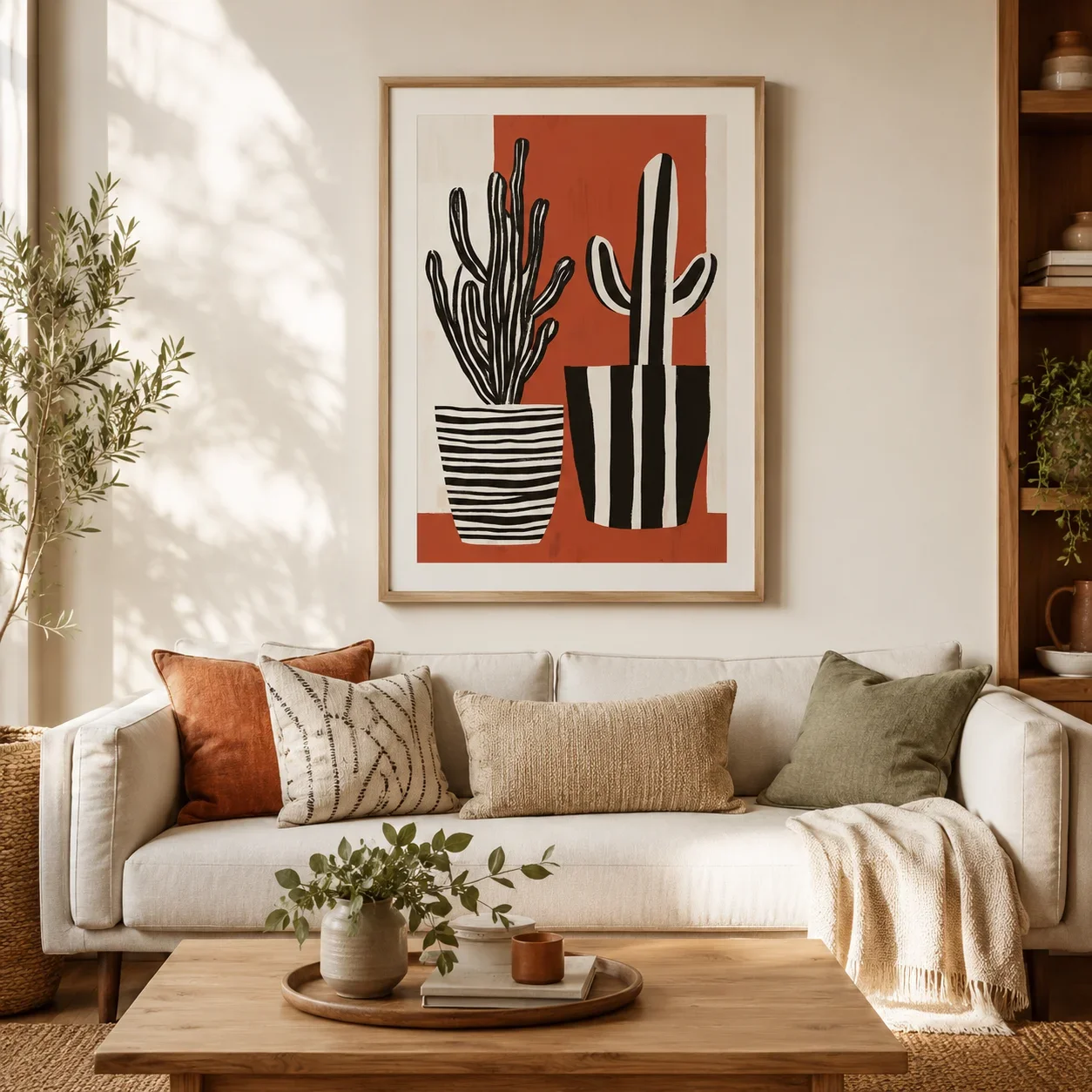 1pc frameless Canvas Painting Desert Stripes And Cactus Rhythm Poster,Canvas Wall Print,High‑Grade Home Decoration Artwork for B