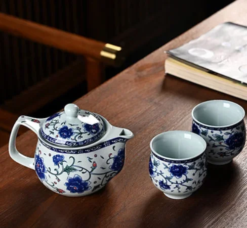 

Китайские сине-белые фарфоровые чайные сервизы Изысканный керамический чайник 350 мл Чайник ручной работы Чайные чашки Домашняя чайная церемония
