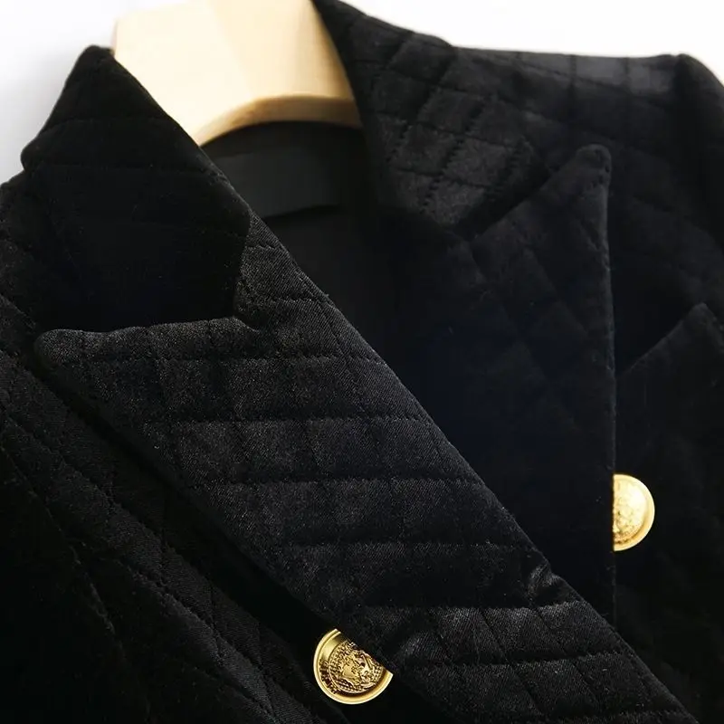 Spring New Velvet Black Cotton Suit Double Row Metal Button Women's Warm Blazers Jacket
