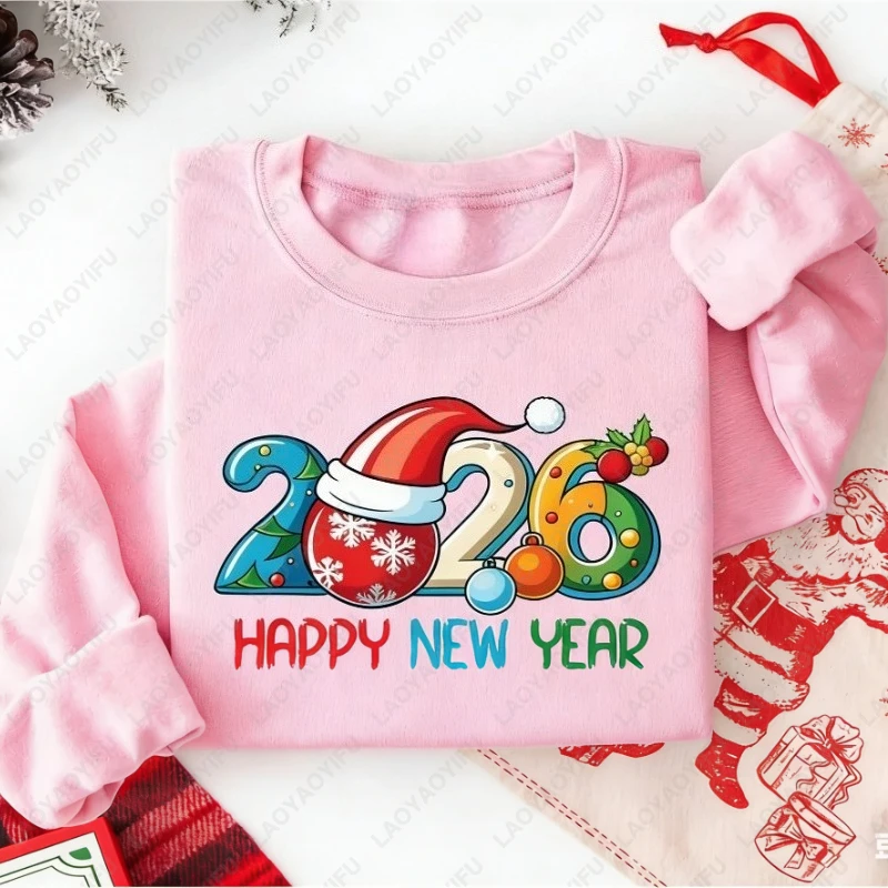 سنة جديدة سعيدة 2026 الأسرة مطابقة البلوز احتفالي لطيف للجنسين البلوز مضحك عيد الميلاد قبعة الرسم الاحتفال حفلة هودي #3