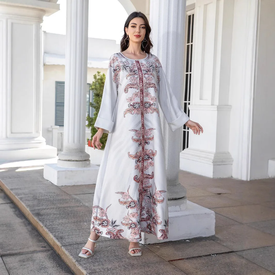 

2025 Middle East Muslim New Fashion Women's Pink Printed Long Sleeve O-neck Ankle Length Dresses Female Elegant Trendy Clothes