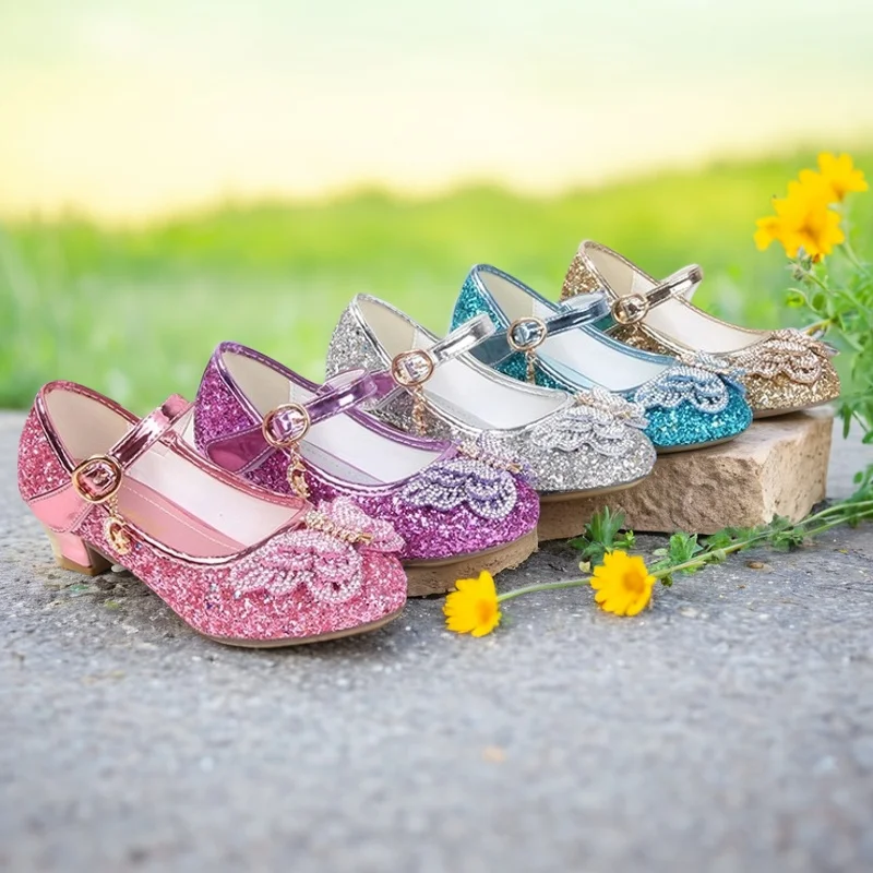 Child High-Heel Sequins Shoes For Girls Butterfly Knot Non-Slip Princess Shoes Shoes Kids Crystal Shoes Children's Leather Shoes