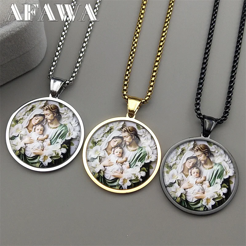 

Virgin Mary Baby Jesus Glass Medal Pendant Necklace for Women Men Stainless Steel Gold Color St. Joseph Amulet Chain Jewelry