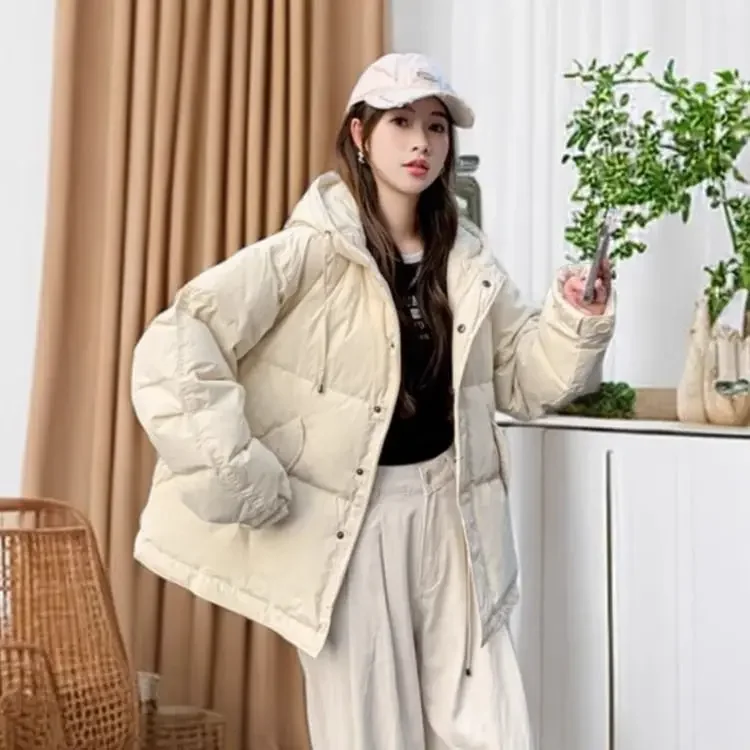 

2025 Winter New Women's Down Jacket Loose Commuter Hooded Windproof Short White Duck Down Jacket