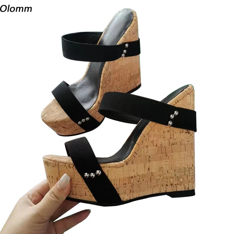 

Olomm Handmade Women Platform Mules Sandals Cork Wedges Heels Round Toe Elegant Black Casual Shoes US Plus Size 5-20