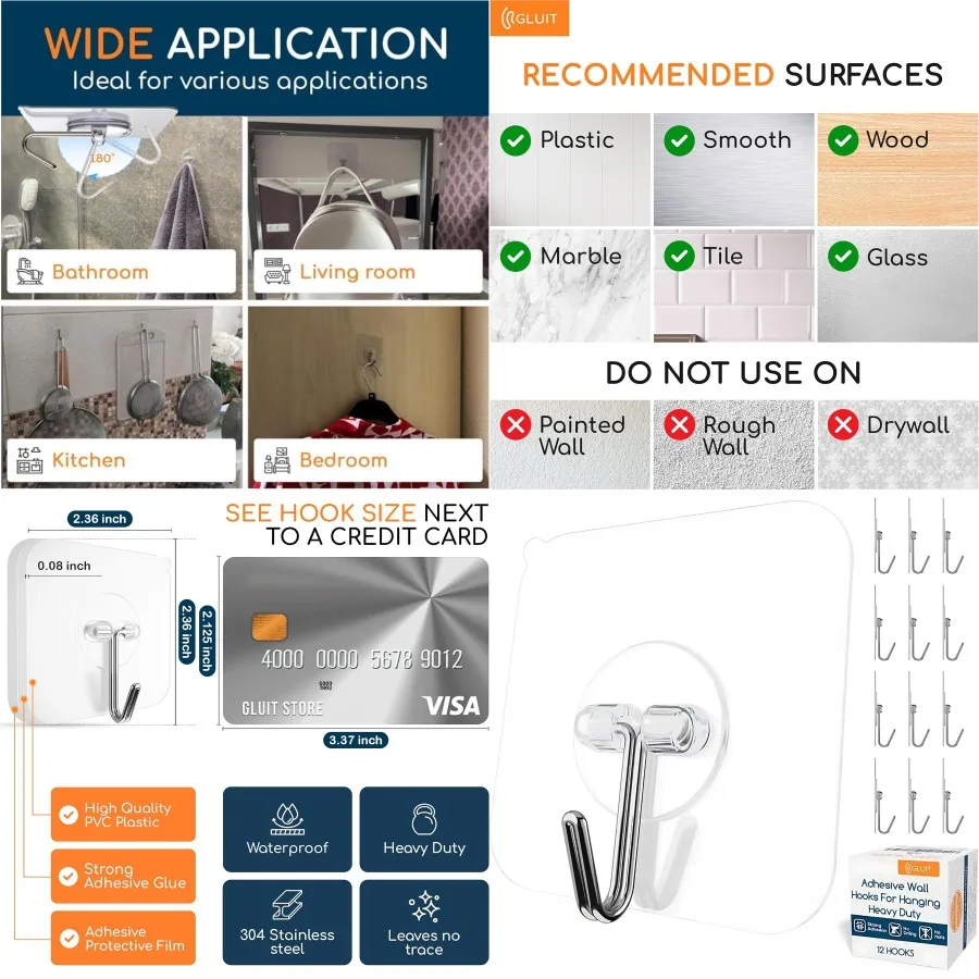 

Adhesive Wall Hooks for Hanging Heavy Duty 22 lbs Hooks for Walls No Damage Towel Sticky Clear Hook Waterproof Home Bathroom Ki