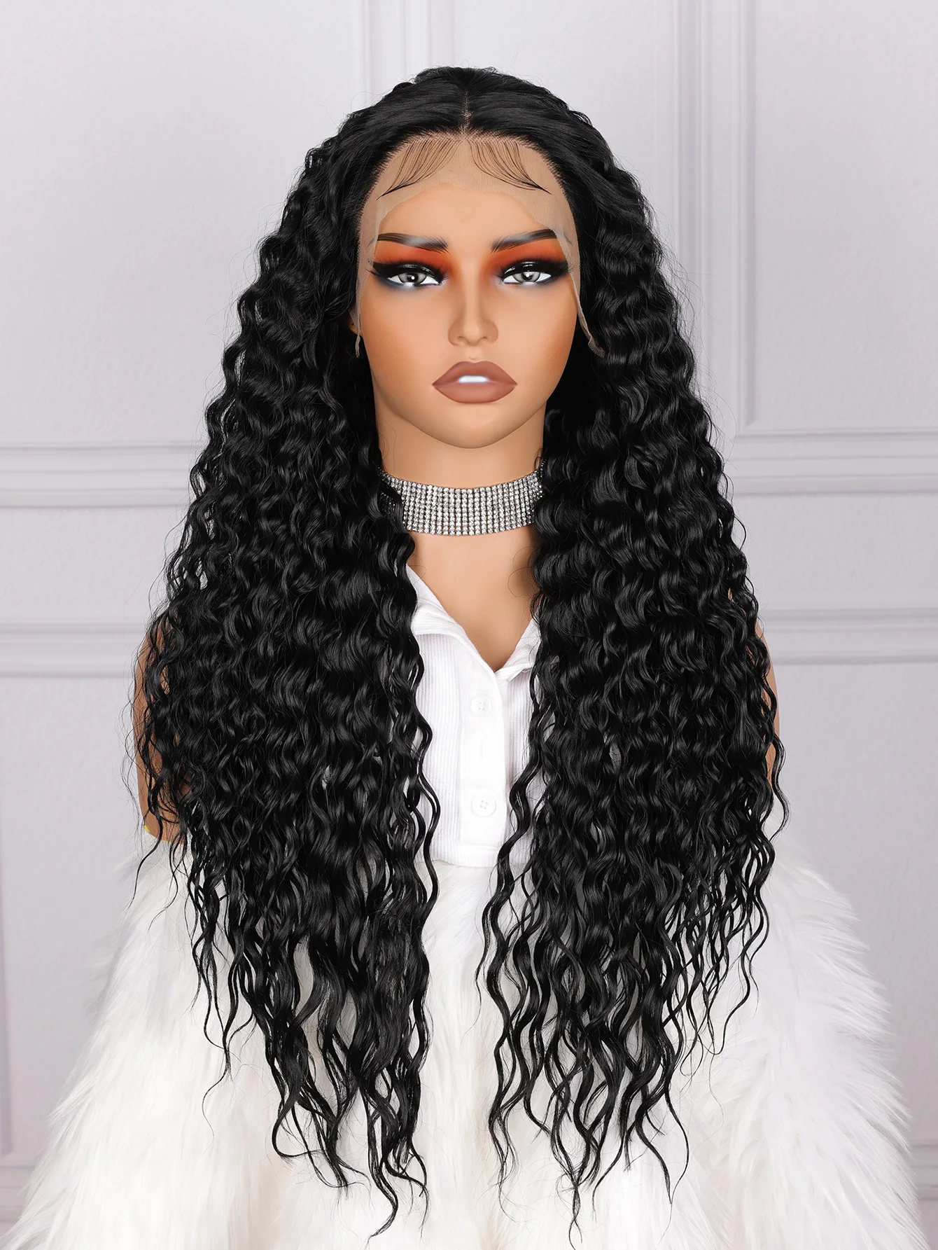 

Soft 180Density Long 26Inch Water Wave Curly Black Lace Front Wig For Women With Baby Hair Glueless Synthetic Preplucked Daily