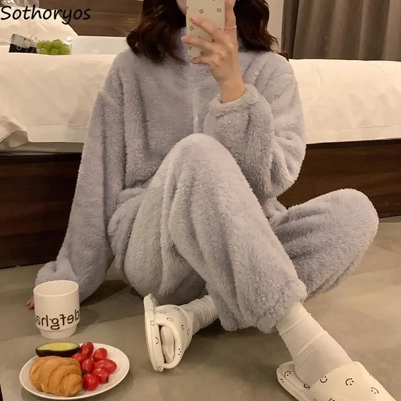 

Flannel Pajama Sets Women Warm Ins Thick Chic Ulzzang Comfortable Homewear Casual Simple Females Winter Pockets Soft New Pajamas