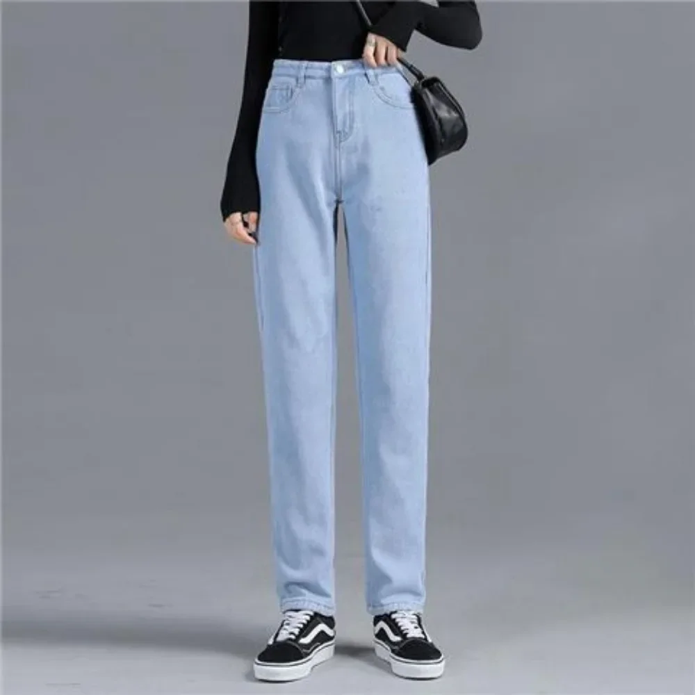 秋冬新作 プラッシュデニム ホワイト ハイウエスト ストレートレッグ デニム レディース ゆったり おしゃれ スモークパイプパンツ