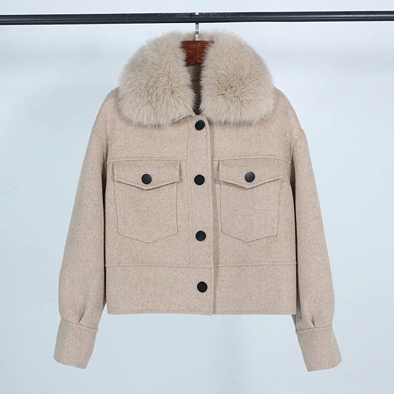 New autumn/winter detachable fox fur collar short double-sided woolen jacket 2024