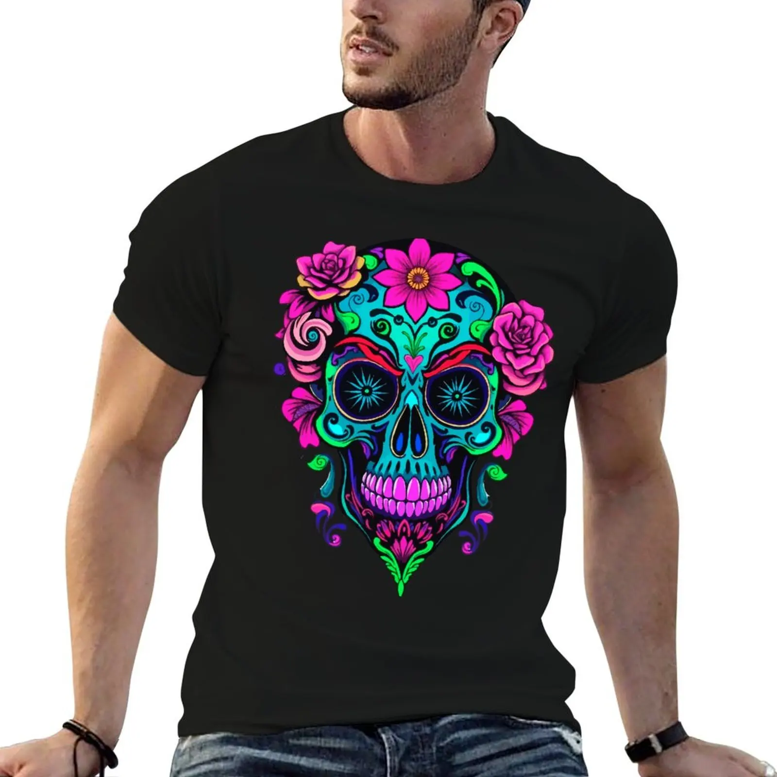 

A vibrant and abstract sugar skull Calavera T-Shirt t shirts cotton 100% essential t shirt cotton t shirt pack T-shirt