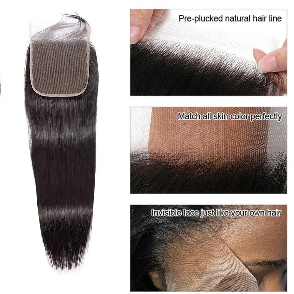 Extensões retas do cabelo humano, fechamento transparente do laço HD, orelha a orelha, 4x4 Lace Frontal Only, 13x4