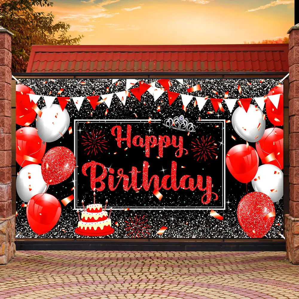 

Red Silver Happy Birthday Decorations Banner Birthday Photo Booth Backdrop for Men Women Birthday Christmas Anniversary Party Su