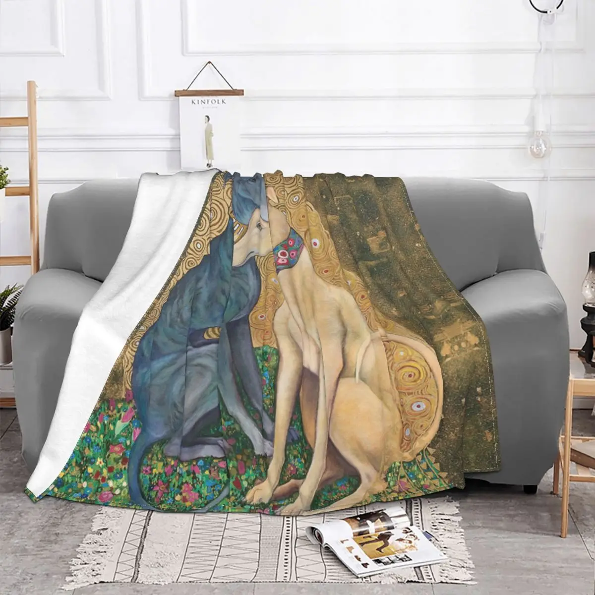 Gustav Klimt Greyhound Dog Art Throw Blanket Fleece Warm Flannel Whippet Sihthound Lurcher Dog Blankets for Bed Car Couch Quilt